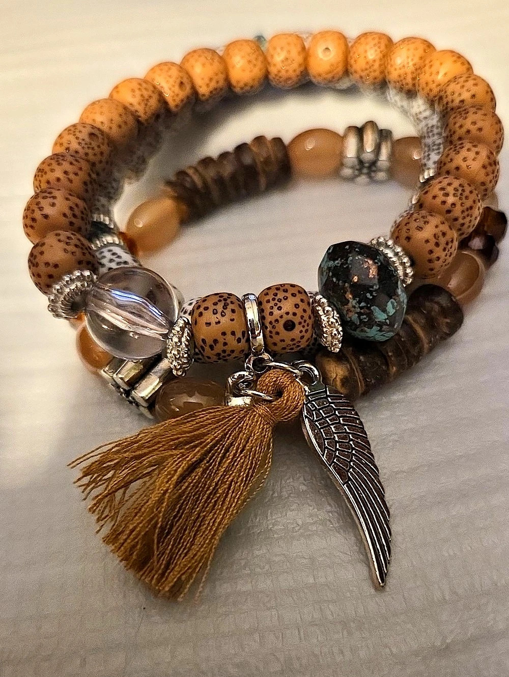 Beaded Charm Bracelet Stack in Brown & Gold